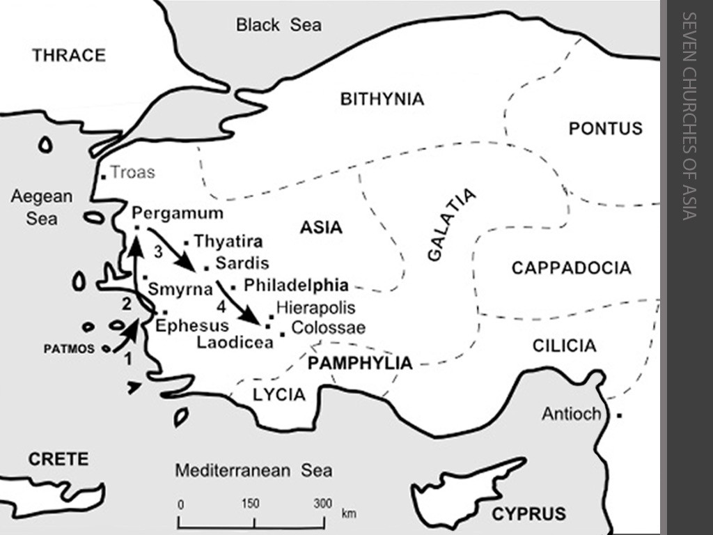 Map showing the locations of the Seven Churches in ancient Asia