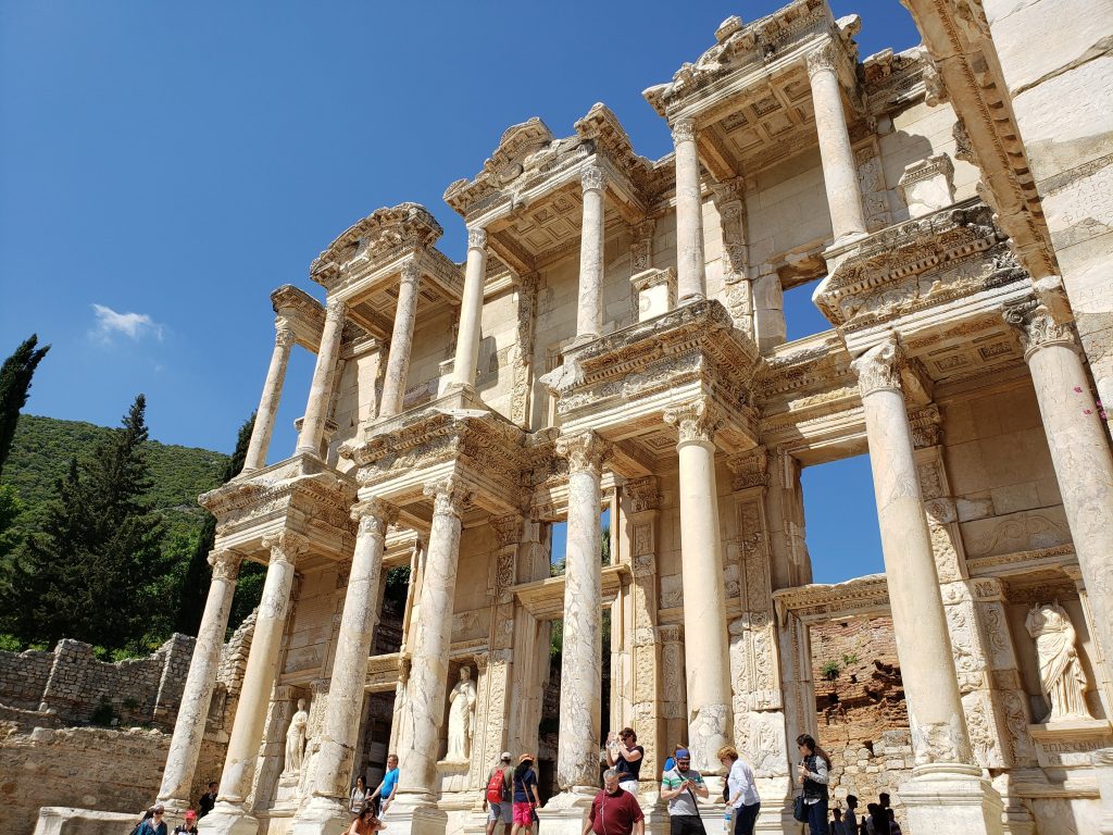 Ephesus: one of the Seven Churches of Revelation. A two-tiered facade with pillared porches in pale stone