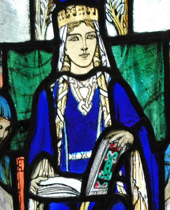 Image of Saint Margaret in a window in Edinburgh. She wears the traditional blue mantle to symbolise purity and the crown of the queen.